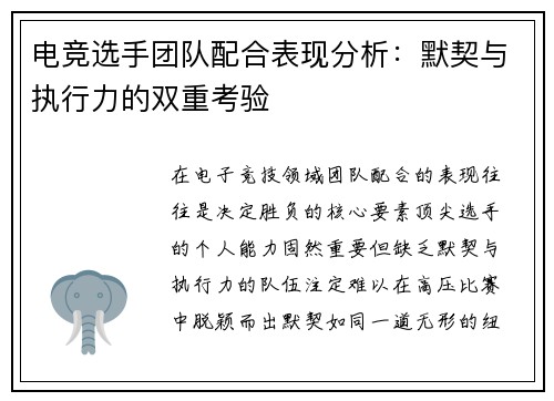 电竞选手团队配合表现分析：默契与执行力的双重考验